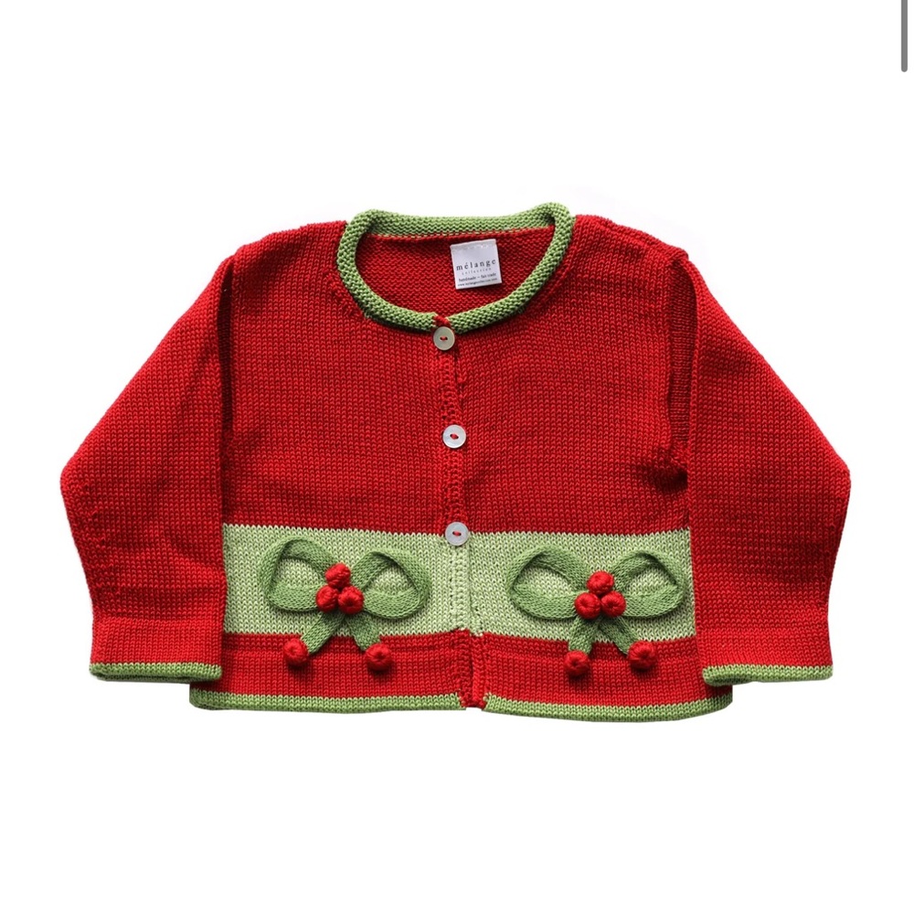 Melange Collection Toddler Girls / Holiday Christmas Bow Cardigan Sweater / 18m